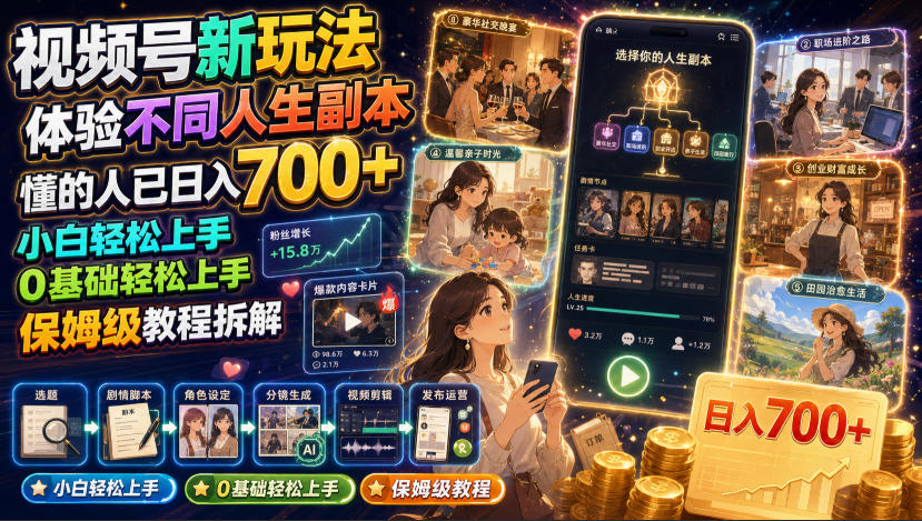 视频号新玩法体验不同人生副本，懂的人已日入700+，小白轻松上手，0基础轻松上手，保姆级教程拆解-云创网