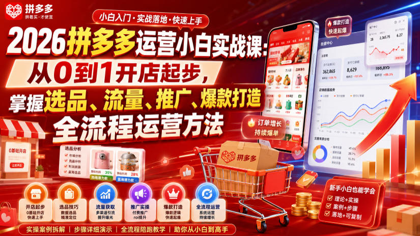 2026拼多多运营小白实战课：从0到1开店起步，掌握选品、流量、推广、爆款打造全流程运营方法-云创网