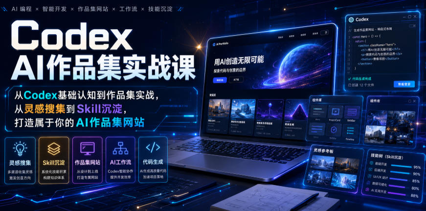 Codex AI作品集实战课，从Codex基础认知到作品集实战，从灵感搜集到Skill沉淀，打造属于你的AI作品集网站-云创网