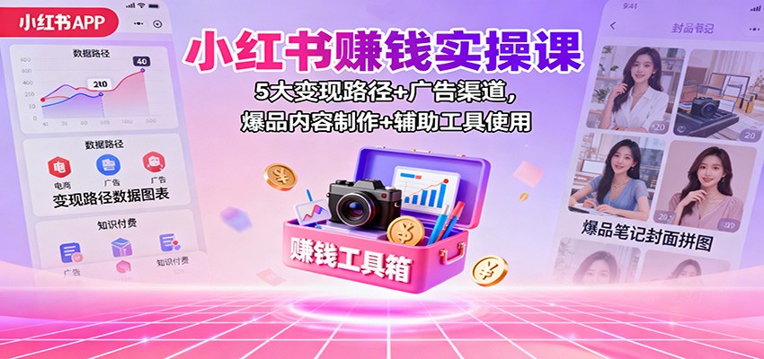 小红书赚钱实操课：5大变现路径+广告渠道，爆品内容制作+辅助工具使用-云创网
