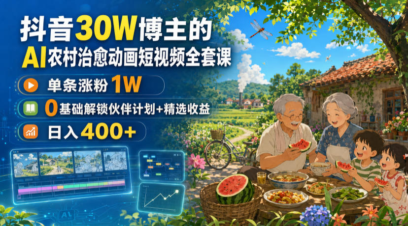 抖音30W博主的AI农村治愈动画短视频全套课｜单条涨粉1W，0基础解锁伙伴计划+精选收益，日入400+-云创网