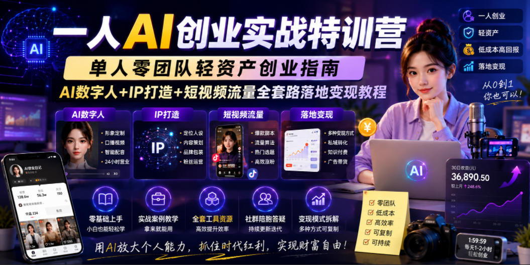 一人AI创业实战特训营，单人零团队轻资产创业指南，AI数字人+IP打造+短视频流量全套路落地变现教程-云创网