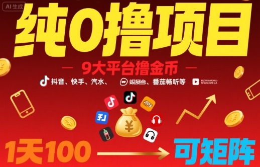 纯0撸项目，9大平台撸金币，抖音，快手，汽水，番茄畅听等，1天100，可矩阵-云创网