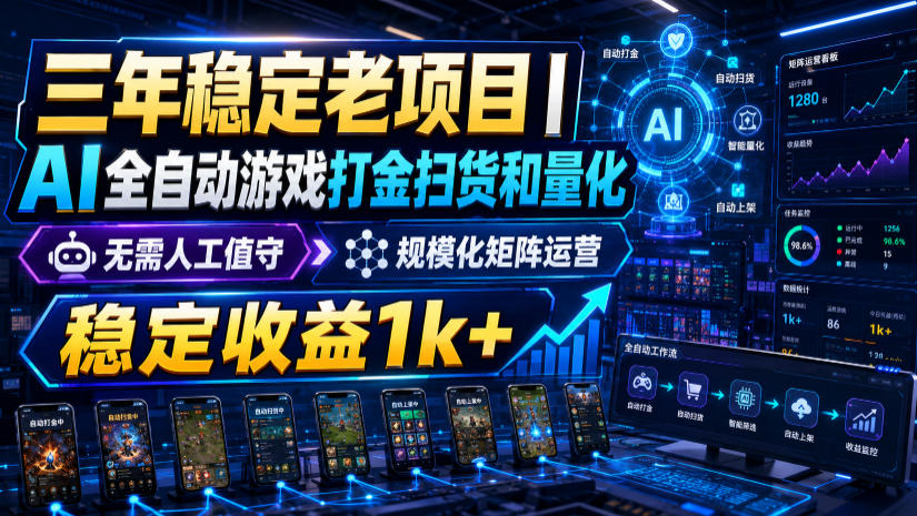 三年稳定老项目｜AI全自动游戏打金扫货和量化，无需人工值守，规模化矩阵运营，稳定收益1k+【揭秘】-云创网