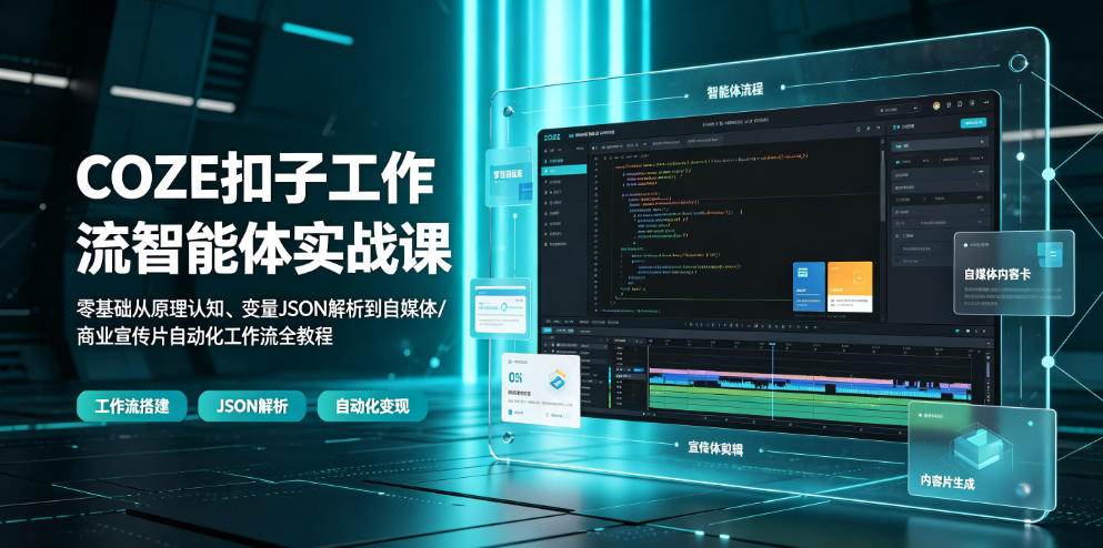 COZE扣子工作流智能体实战课｜零基础从原理认知、变量JSON解析到自媒体/商业宣传片自动化工作流全教程-云创网