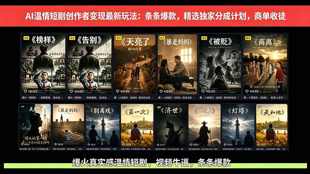 （18748期）AI温情短剧创作者变现最新玩法：视频牛逼，条条爆款，精选独家分成计划，商单收徒-云创网