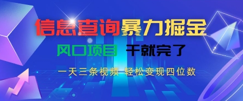 信息查询暴力掘金，一天三条视频，轻松变现四位数，风口项目干就完了【揭秘】-云创网