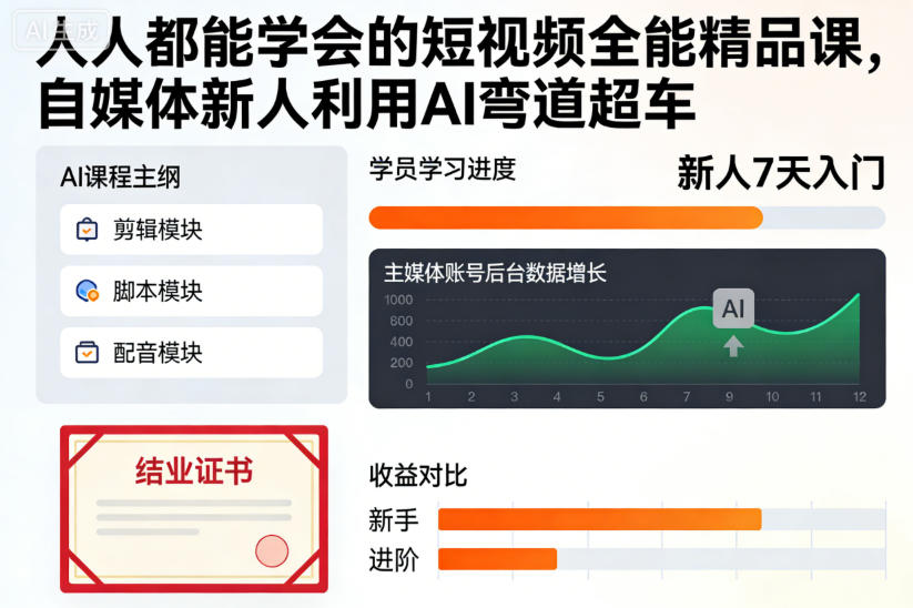 人人都能学会的短视频全能精品课，自媒体新人利用AI弯道超车-云创网