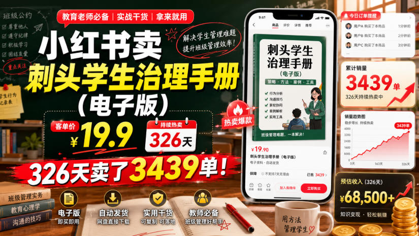 小红书卖刺头学生治理手册（电子版），客单价19.9，326天卖了3439单！-云创网