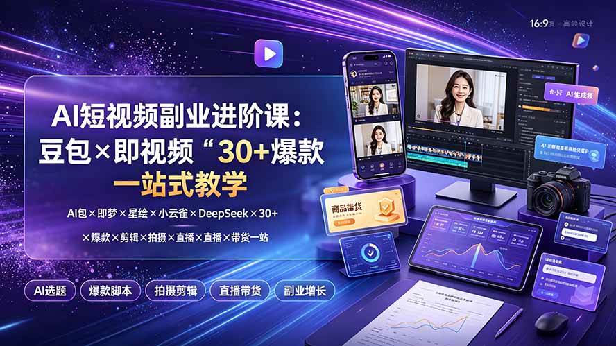 （19458期）AI短视频副业进阶课：豆包×即梦×星绘×小云雀×DeepSeek×30+爆款×剪辑×拍摄×直播×带货一站式教学-云创网