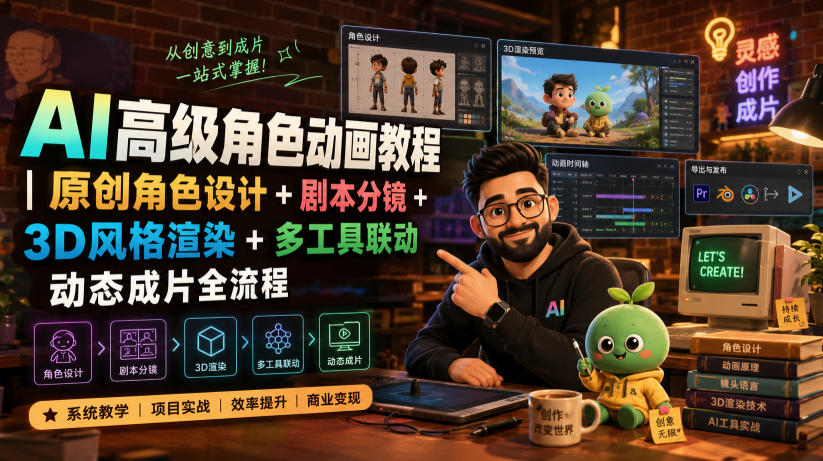 AI高级角色动画教程｜原创角色设计+剧本分镜+3D风格渲染+多工具联动动态成片全流程【中英字幕】-云创网