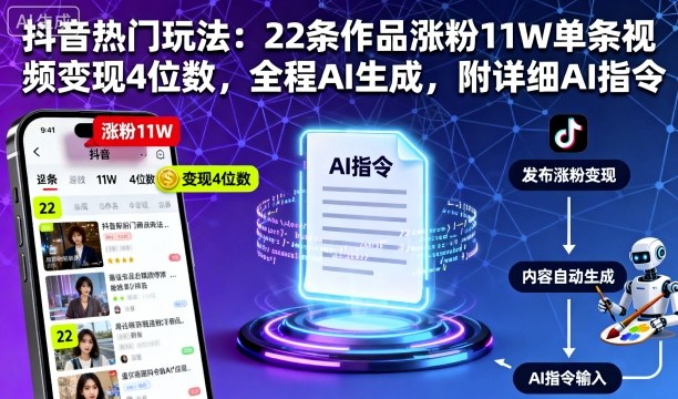 抖音热门玩法：22条作品涨粉11W单条视频变现4位数，全程AI生成，附详细AI指令-云创网