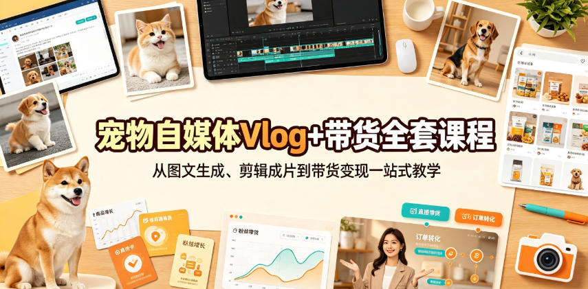 宠物自媒体Vlog+带货全套课程｜从图文生成、剪辑成片到带货变现一站式教学-云创网