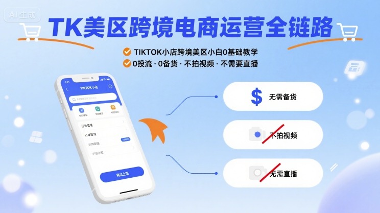 TK美区跨境电商运营全链路，TIKTOK小店跨境美区小白0基础教学，0投流0备货不拍视频不需要直播-云创网