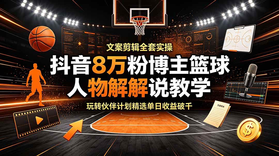 （19135期）抖音8万粉博主篮球人物解说教学，文案剪辑全套实操，玩转伙伴计划精选单日收益破千-云创网