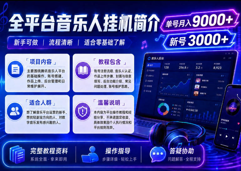 全平台音乐类挂G，单机单号月入9000+，可矩阵，可工作室放大操作【揭秘】-云创网
