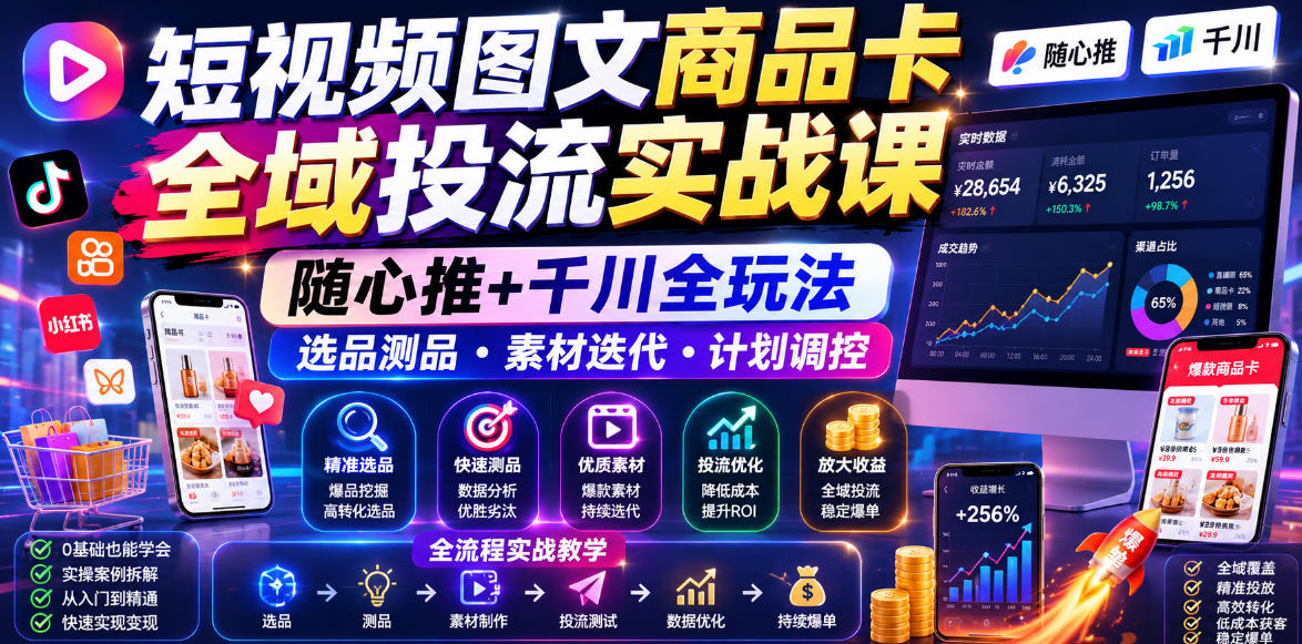 短视频图文商品卡全域投流实战课，随心推+千川全玩法，选品测品・素材迭代・计划调控，提升ROI爆单增收教程-云创网