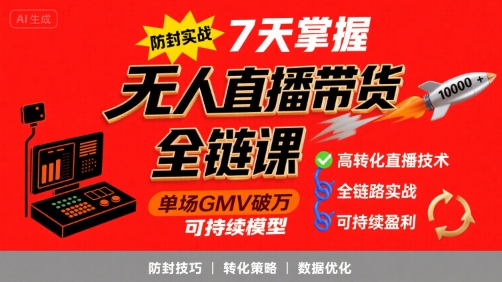 无人直播带货全链防封实战课，7天掌握高转化直播技术，实现单场GMV破万可持续模型-云创网