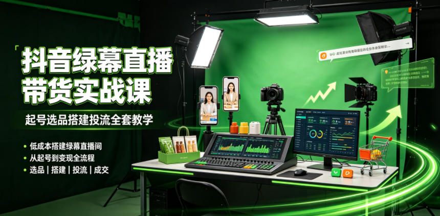 某社群抖音绿幕直播带货实战课，起号选品搭建投流全套教学，低成本搭建绿幕直播间-云创网