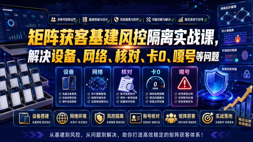 矩阵获客基建风控隔离实战课，解决设备、网络、核对、卡0、嘎号等问题-云创网