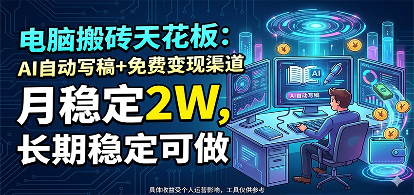 电脑搬砖天花板：AI自动写稿+免费变现渠道，月稳定2W，长期稳定可做-云创网