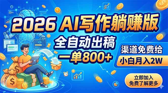 （18885期）2026 AI写作躺赚版：全自动出稿，一单800+，渠道免费给，小白月入2W-云创网