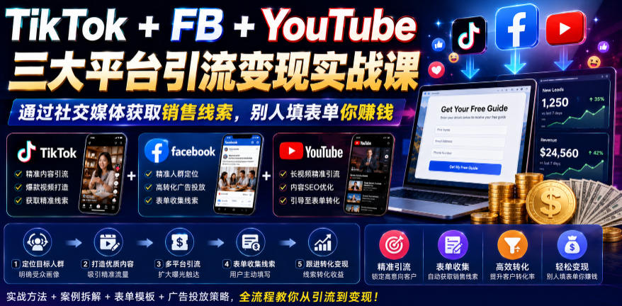 TikTok+FB+YouTube三大平台引流变现实战课，通过社交媒体获取销售线索，别人填表单你賺钱【原创双语字幕】-云创网