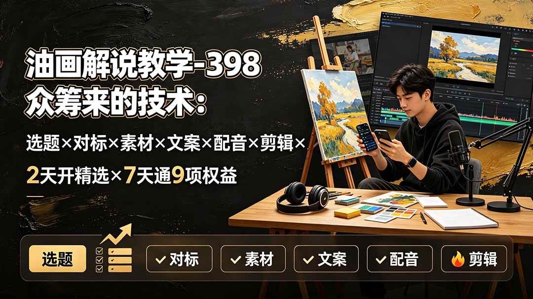 （19587期）油画解说教学-398众筹来的技术-刯新：选题×对标×素材×文案×配音×剪辑×2天开精选×7天通9项权益-云创网