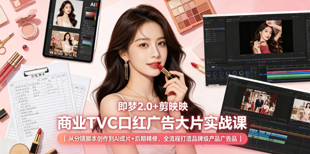 即梦2.0+剪映商业TVC口红广告大片实战课｜从分镜脚本创作到AI成片+后期精修，全流程打造品牌级产品广告-云创网