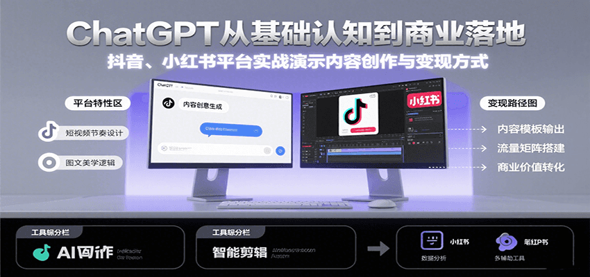 ChatGPT从基础认知到商业落地，实战演示抖音、小红书等平台的内容创作与变现-云创网