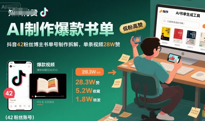 AI制作爆款书单，抖音42粉丝博主书单号制作拆解，单条视频28W赞-云创网