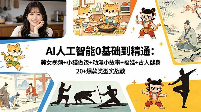 （18685期）AI人工智能0基础到精通：美女视频+小猫做饭+动漫小故事+福娃+古人健身，20+爆款类型实战教学-云创网