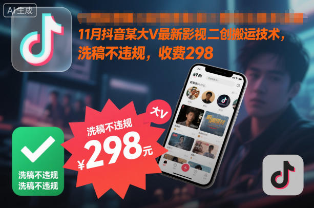 11月抖音某大V最新影视二创搬运技术，洗稿不违规，收费298-云创网