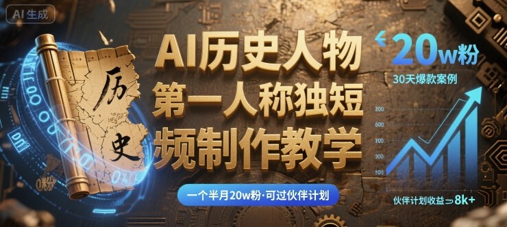 最新AI历史人物第一人称独白短视频制作教学，一个半月20w粉，可过伙伴计划-云创网