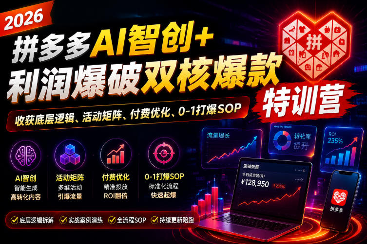 2026拼多多AI智创+利润爆破双核爆款特训营，收获底层逻辑、活动矩阵、付费优化、0-1打爆SOP-云创网