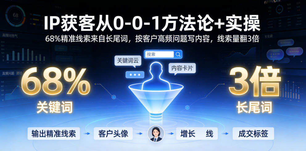 IP获客从0-1方法论+实操，68%精准线索来自长尾词，按客户高频问题写内容，线索量翻3倍-云创网