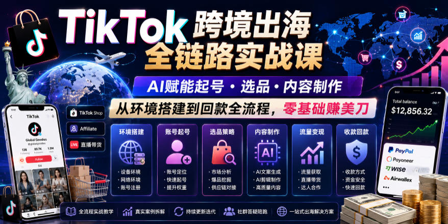 TikTok跨境出海全链路实战课，AI赋能起号・选品・内容制作，从环境搭建到回款全流程，零基础賺美刀-云创网