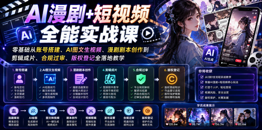 AI漫剧+短视频全能实战课｜零基础从账号搭建、AI图文生视频、漫剧剧本创作到剪辑成片、合规过审、版权登记全落地教学-云创网