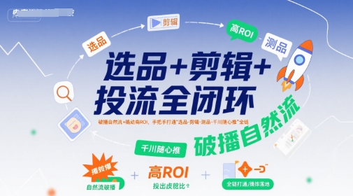 选品+剪辑+投流全闭环，破播自然流+撬动高ROI，手把手打通“选品-剪辑-测品-千川随心推”全链-云创网