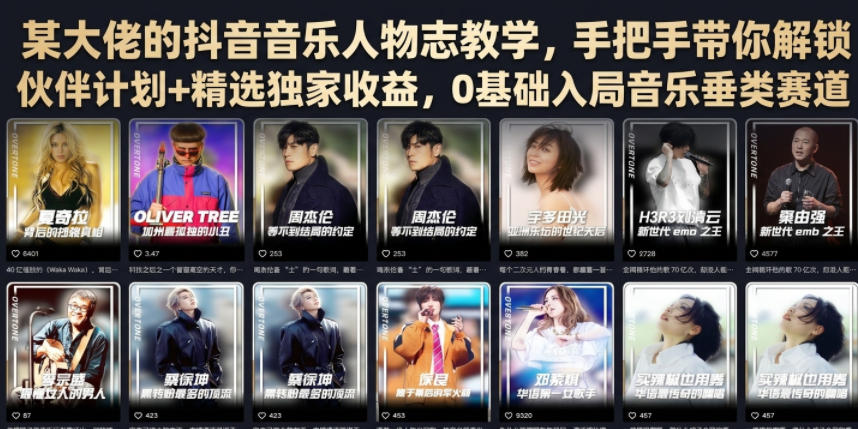 某大佬的抖音音乐人物志教学，手把手带你解锁伙伴计划+精选独家收益，0基础入局音乐垂类赛道-云创网