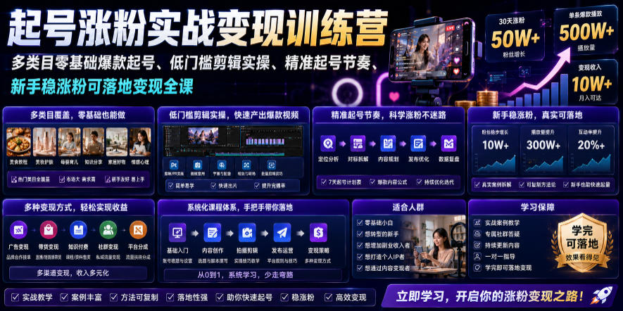 苗子起号涨粉实战变现训练营，多类目零基础爆款起号、精准起号节奏、新手稳涨粉可落地变现全课-云创网