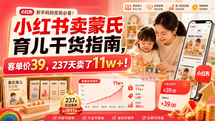 小红书卖蒙氏育儿干货指南，客单价39，237天卖了11w+！-云创网
