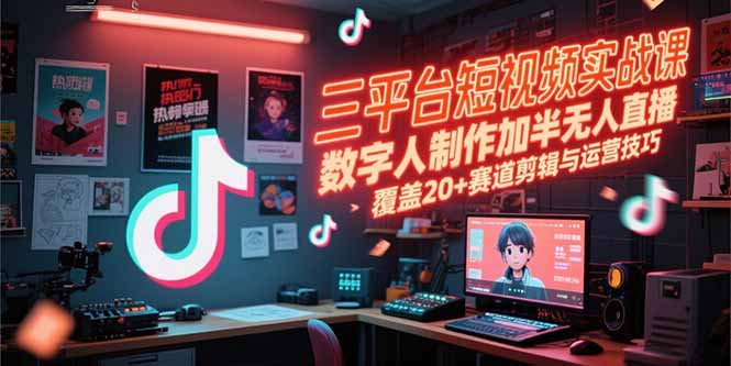 三平台短视频实战课，数字人制作加半无人直播，覆盖20+赛道剪辑与运营技巧-云创网