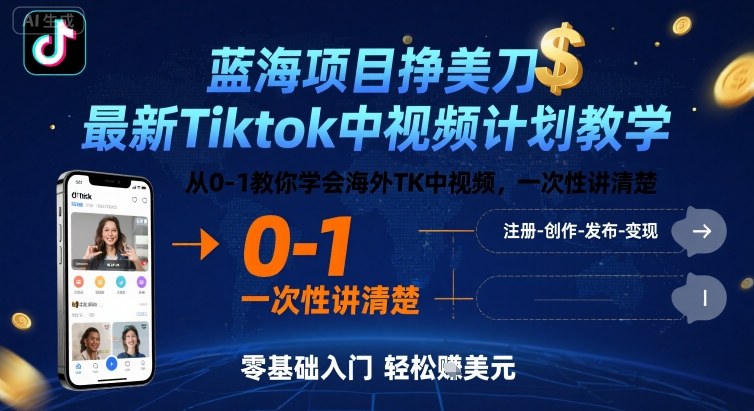 蓝海项目挣美刀，最新Tiktok中视频计划教学，从0-1教你学会海外TK中视频，一次性讲清楚-云创网