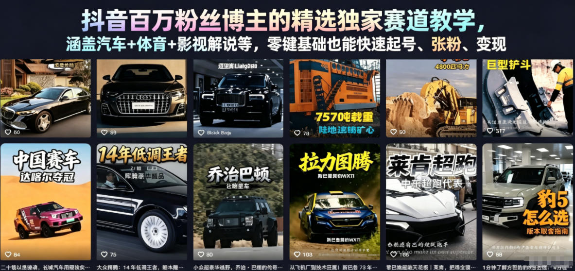 抖音百万粉丝博主的精选独家赛道教学，涵盖汽车+体育+影视解说等，零基础也能快速起号、涨粉、变现-云创网