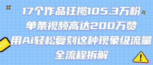 17个作品狂揽105.3W粉，单条视频高达200W赞，用Ai轻松复刻这种现象级流量!(全流程拆解)-云创网