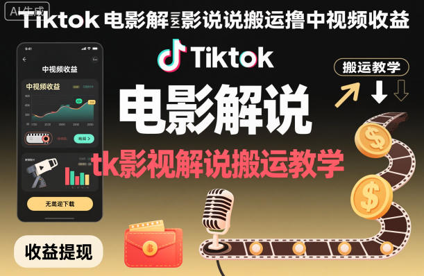 Tiktok电影解说搬运撸中视频收益，tk影视解说搬运教学-云创网