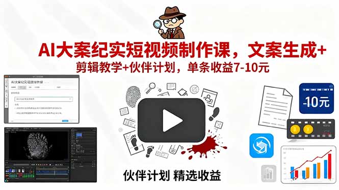 AI大案纪实短视频制作课，文案生成+剪辑教学+伙伴计划，单条收益7-10元-云创网