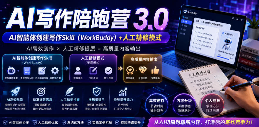 AI写作陪跑营3.0，Ai智能体创建写作skill(workbuddy)+人工手写模式(手搓模式)，去除AI痕迹(头条号、公众号、百家号)-云创网