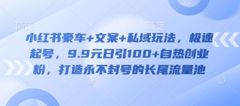 小红书豪车+文案+私域玩法，极速起号，9.9元日引100+自热创业粉，打造永不封号的长尾流量池-云创网